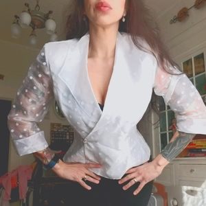 White Organza Dots Three Quarter Sleeve Blazer L